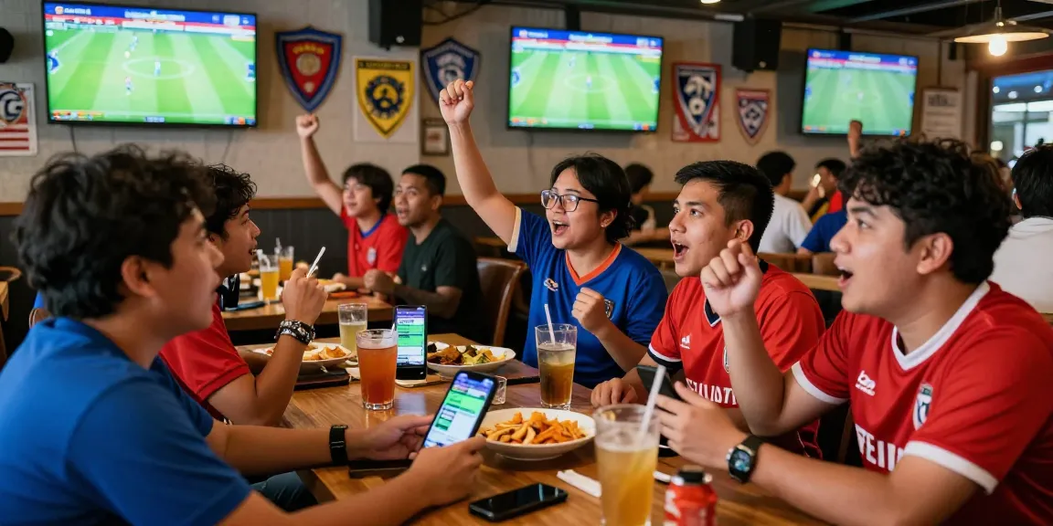 Exciting football betting Malaysia scene in a lively sports bar with friends cheering.