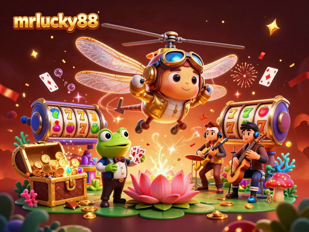 Experience the excitement of mrlucky88 with a vibrant casino scene featuring a dragonfly pilot and frog croupier.