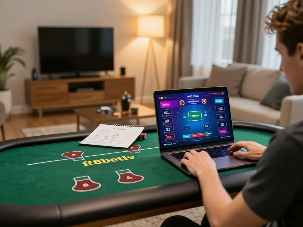 Player engaging with f8betlv on a laptop in a cozy, modern living room.