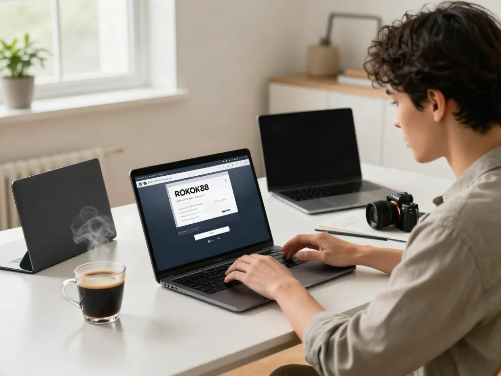 Engaged user on ROKOK88 login page in stylish home office, emphasizing e-commerce lifestyle.