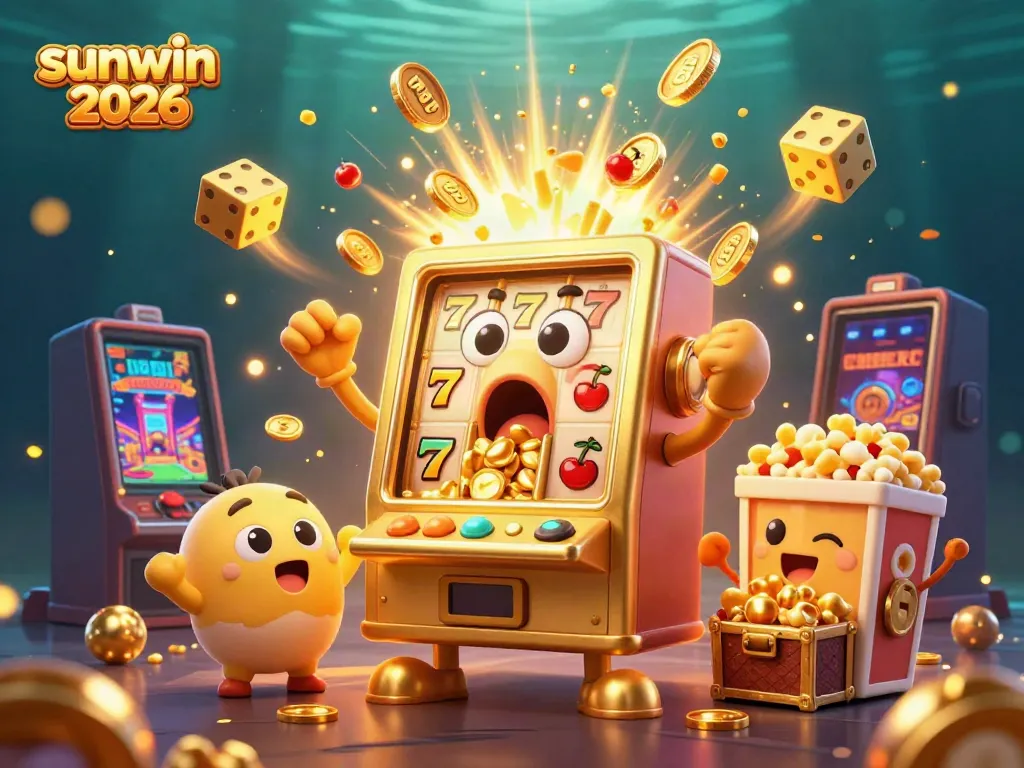 Experience the excitement of winning with sunwin 2026, featuring a golden slot machine hitting a jackpot surrounded by cheering characters.