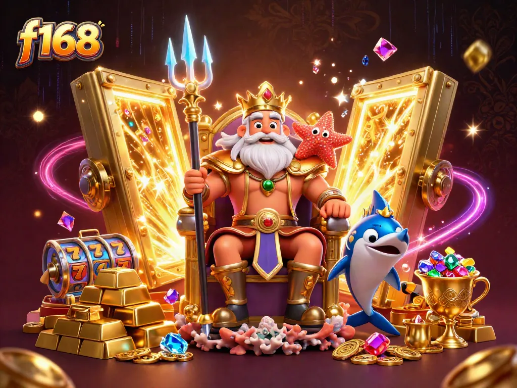 Engage with f168 in this vibrant casino scene featuring colorful slot machines, gold treasures, and characters.