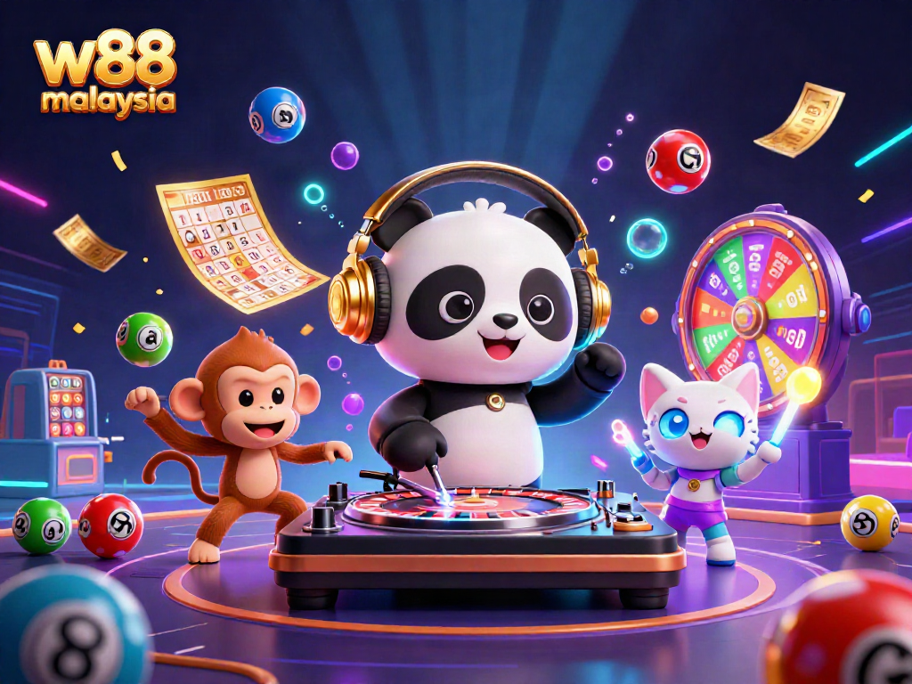 Experience thrilling w88 malaysia gaming with a DJ panda, breakdancing monkey, and glow-stick kitten.