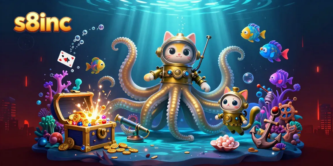 Engage with interactive experiences at s8inc featuring a kraken and diving cat in a vibrant underwater casino.
