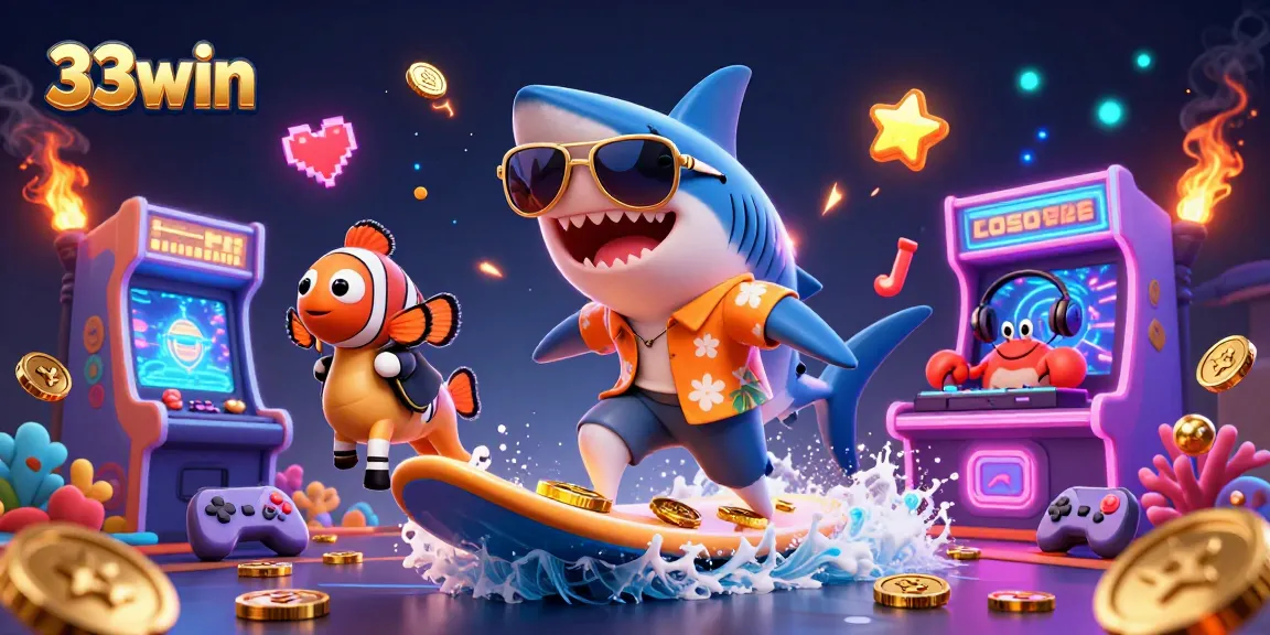 Experience the thrill of gambling with 33win as you dive into vibrant 3D casino adventures with cartoon sharks and treasures.