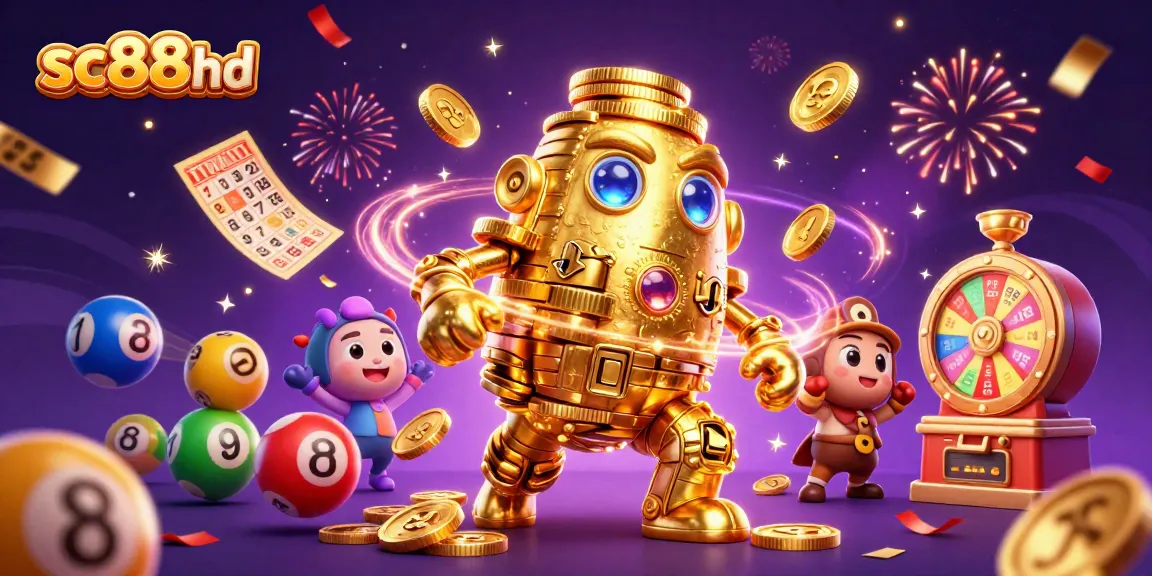 Engage in sc88hd with a vibrant 3D scene of a golden golem amidst lottery excitement and dynamic elements.