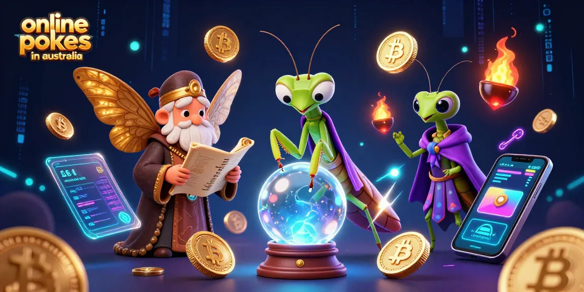 Engage with online pokies in Australia in a lively 3D illustration featuring characters in a magical casino setting.
