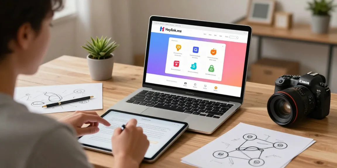 Pengguna GEGESLOT membuat tautan kustom di Heylink.me sambil dikelilingi perangkat digital dan catatan kreatif.